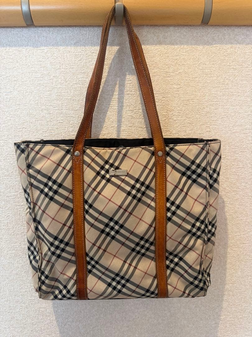 Burberry Nova Check Nylon Tote Bag Leather Handles Used, 8x11x11.4 in
