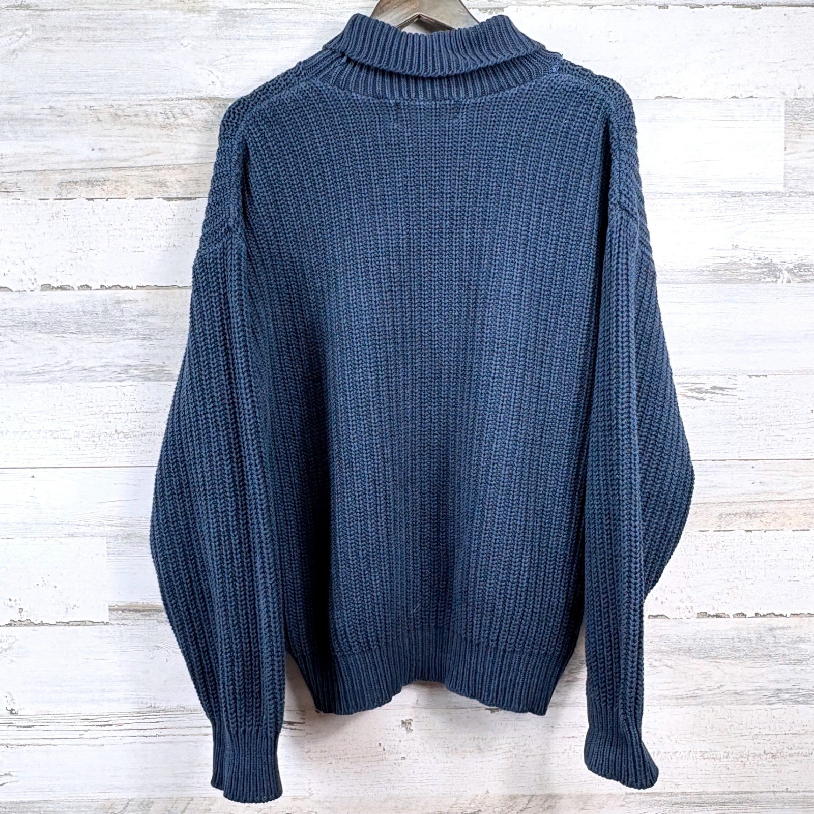 Orvis Sweater Fisherman Mens Large Blue Mock Neck Ribbed Cotton Shaker Knit