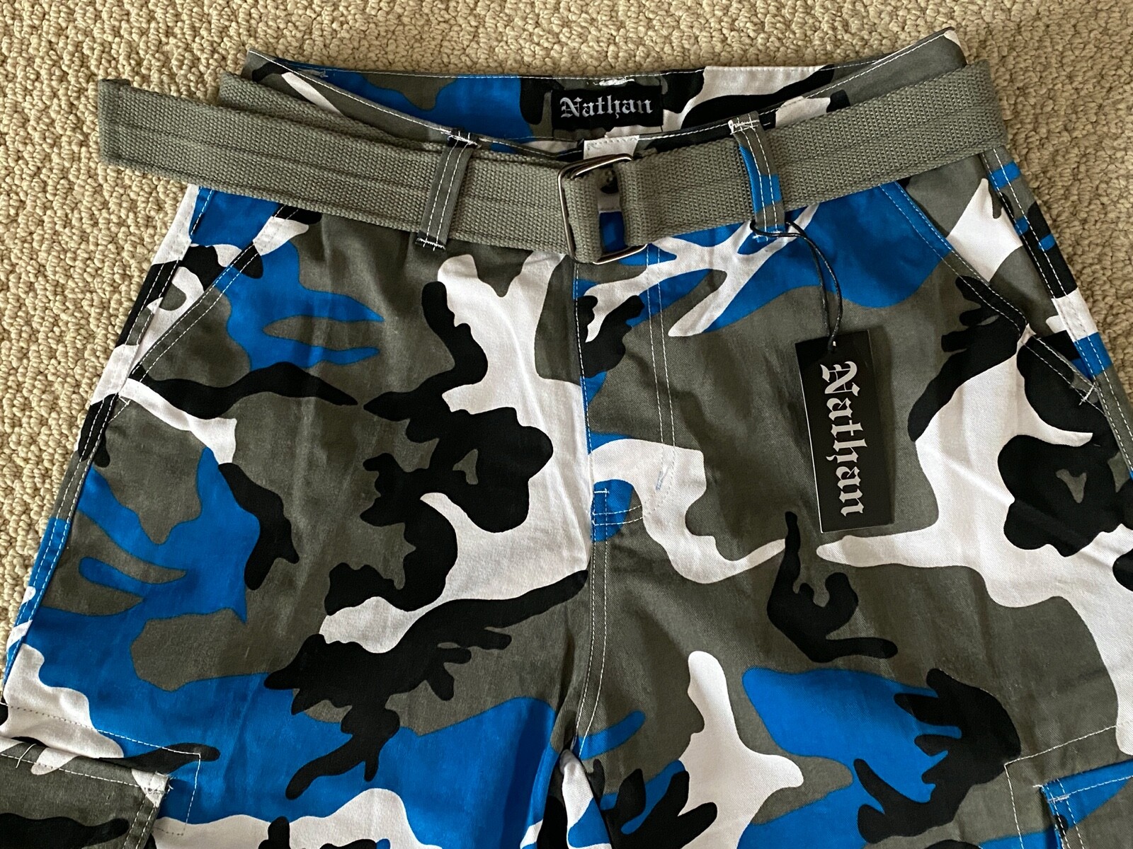 NWT Men’s Nathan Blue Gray Camouflage Camo Belted Cargo Pocket Shorts ALL SIZES