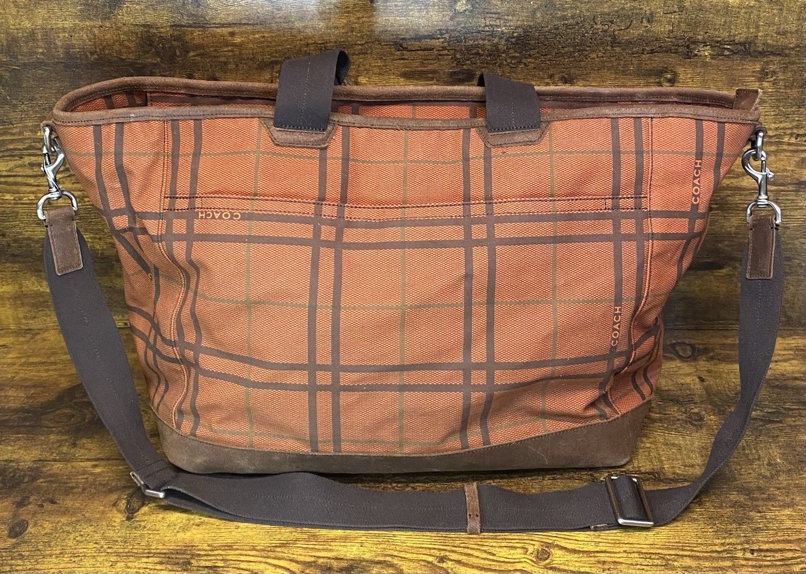 Coach Camden Plaid Orange/Brown Canvas Tatersall Tote Weekend Travel Bag RARE