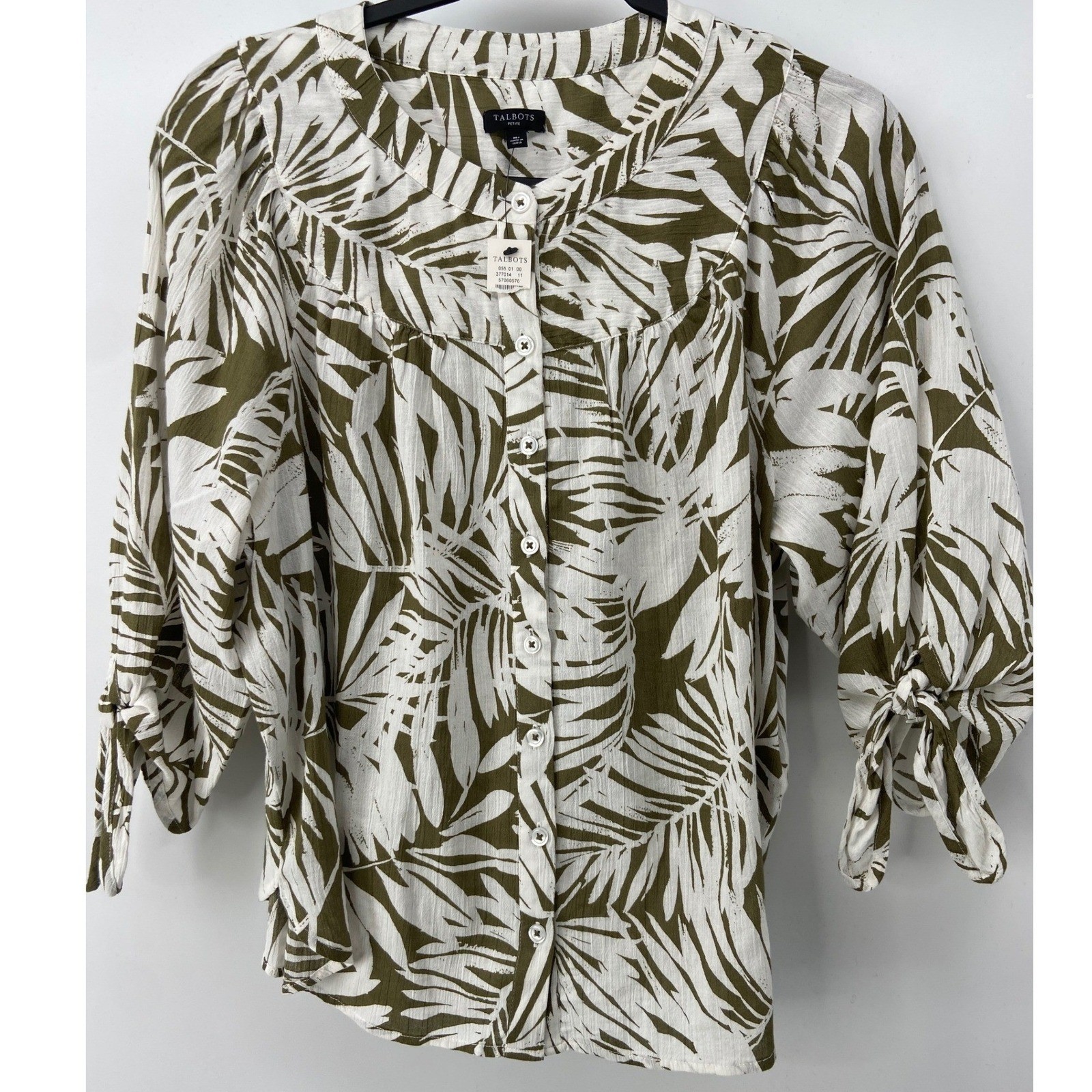 Talbots Blouse Women Medium Petite Green White Palm Print Coastal Summer Boho
