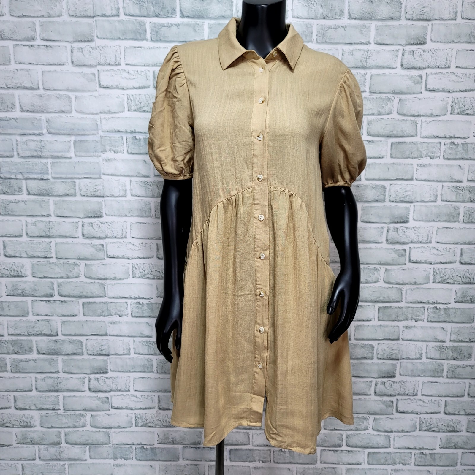 Nasty Gal Size S Beige Puff Sleeve Smock Mini Shirt Dress Button Up Lightweight