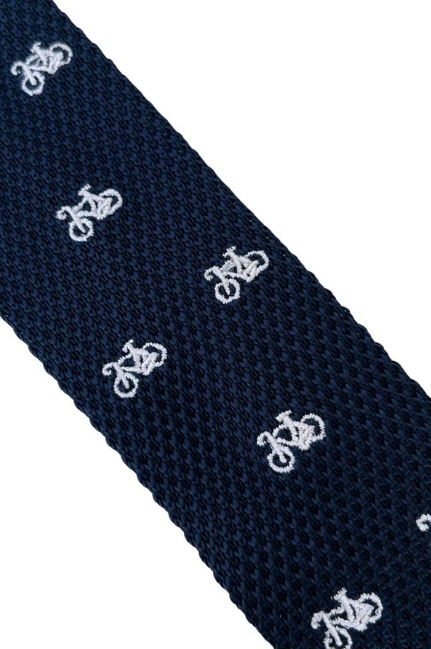 Navy Blue Knitted Tie with Embroidered White Bicycle Bike Skinny 2.25 in