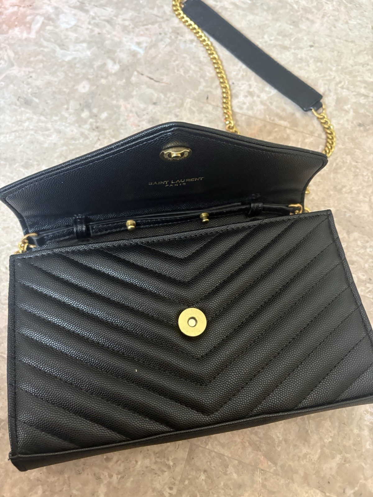 Cassandre Envelope Chain Wallet In Black and Grain de Poudre Leather Women’s