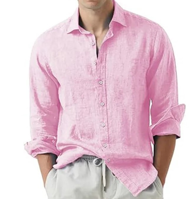Shirt Men’s Long Sleeve Plain Cotton Linen Club Button Down Short Casual 25% OFF