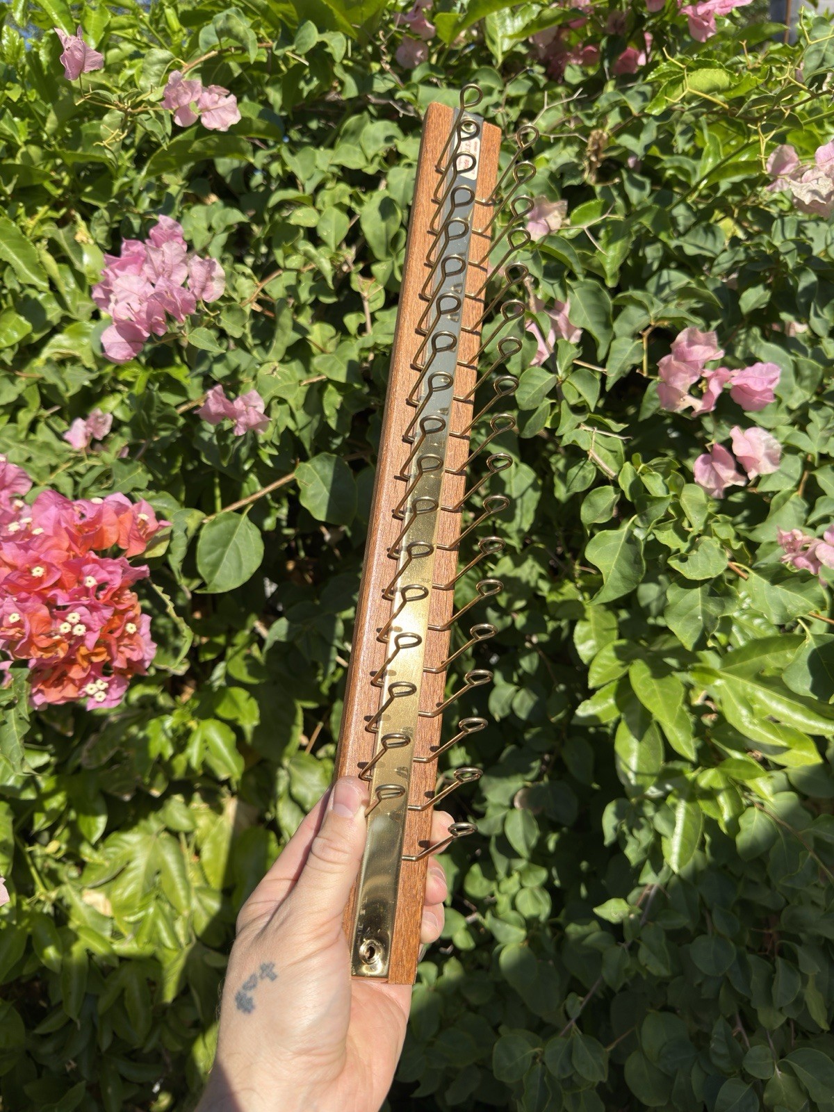 Vintage walnut wooden & brass tie rack hanger