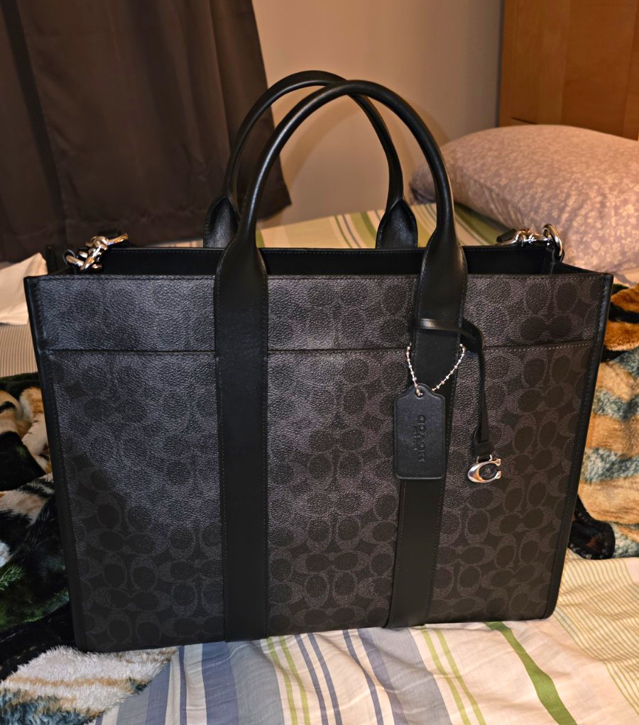 Coach Signature Logo Tote Bag Black/Gray Silver Hardware Charm w/ Dust Bag