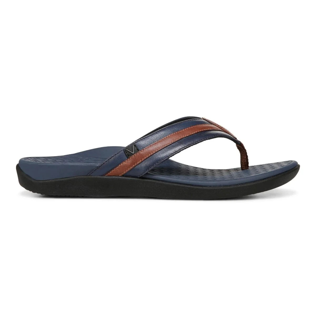 Vionic Tide II Men Toe Post Sandal Orthotic Flip Flop Navy Brown Leather New