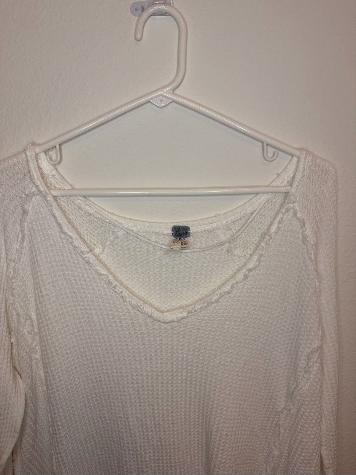 We The Free Waffle Knit V-Neck Ruffle Hem Long Sleeve Top White XS Boho