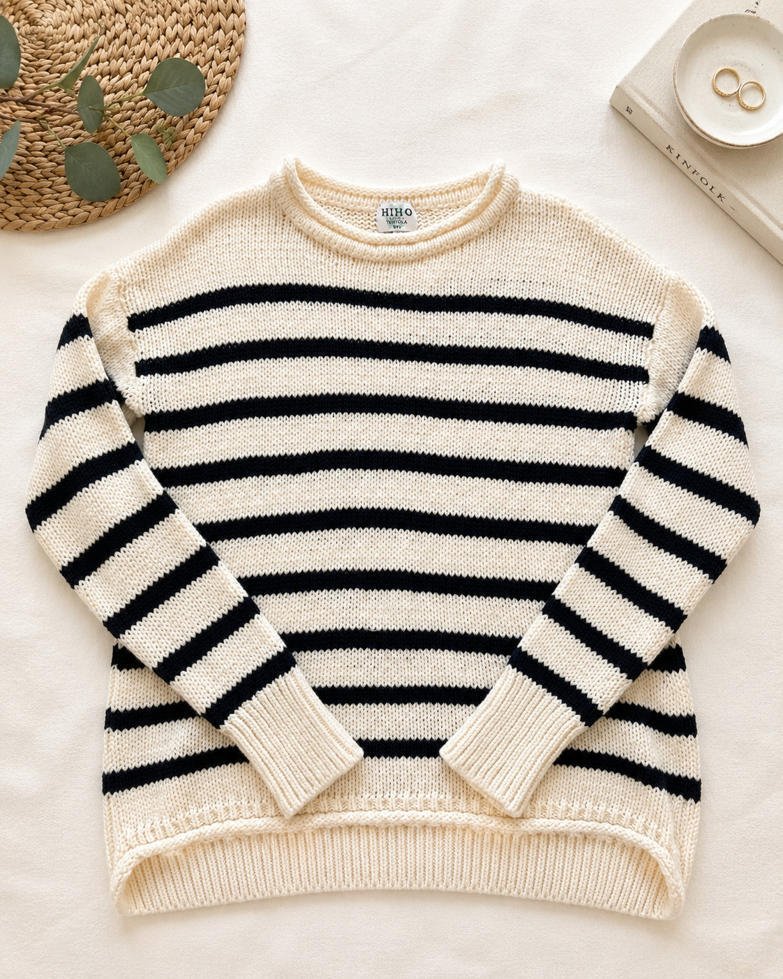 HIHO Tortola BVI Sweater Womens M Cream Black Striped Cotton Blend Coastal