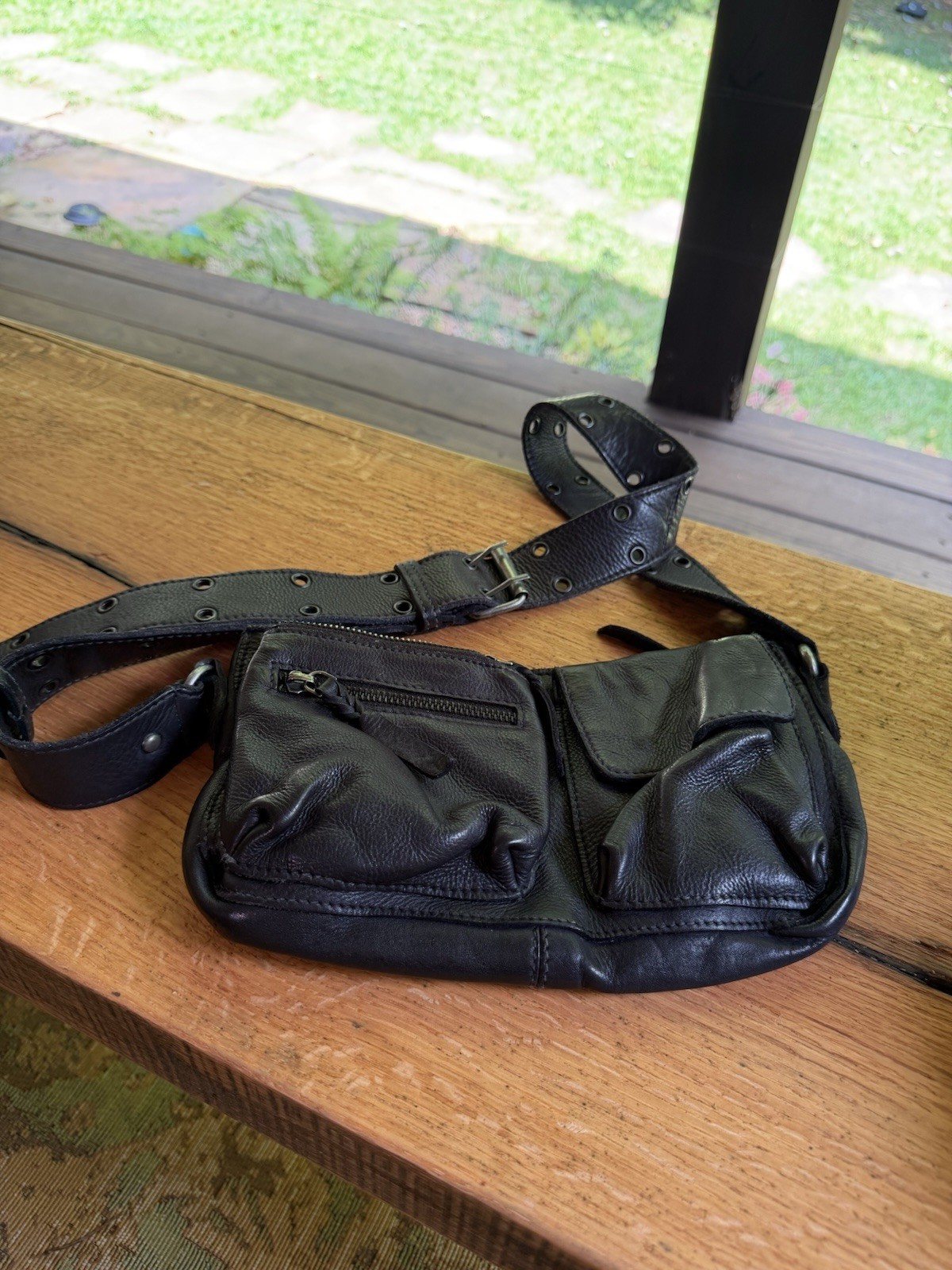 Black Pebbled Crossbody Bag Zip Closure Adjustable Strap
