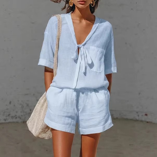 Women 2PC Shorts Set Lace Up Shirt Cardigan Summer Casual Outfit