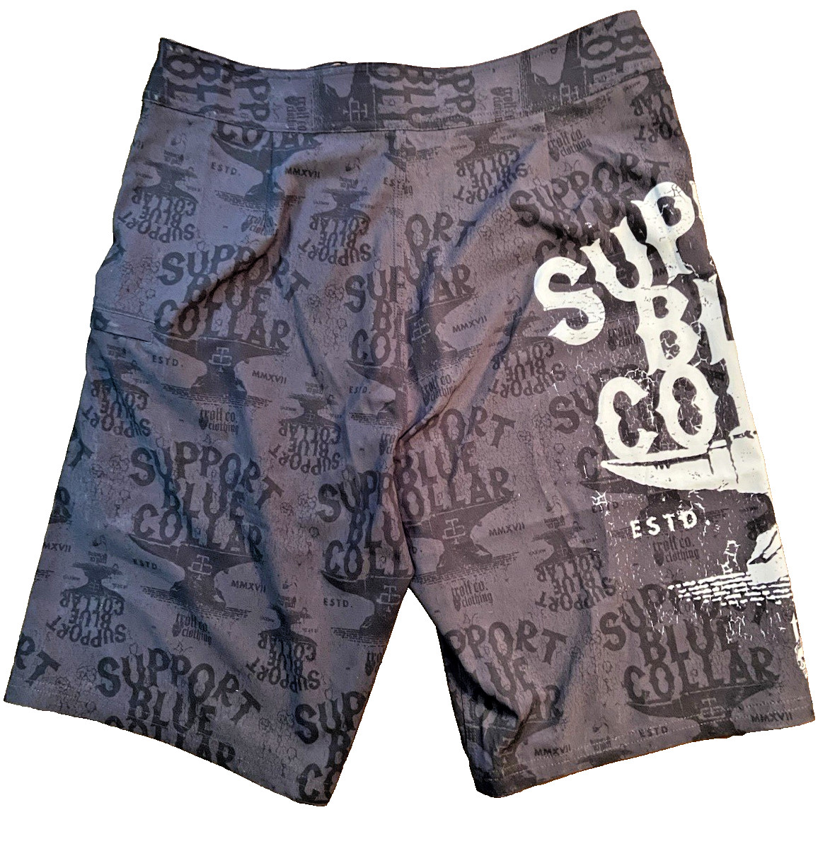 Troll Co. Cassera Board Shorts~Support Blue Collar Graphic~Gray/Black~Sz 32~NWT