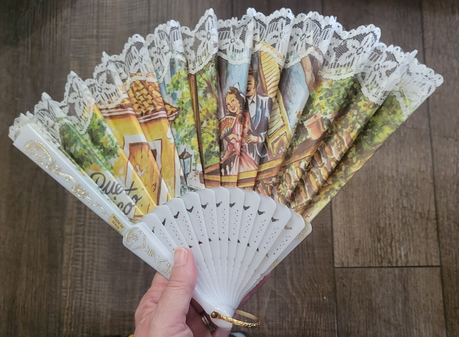 Spanish Folding Hand Fan Lace/Fabric/Plastic Fan Lovely Made In Spain Love Scene