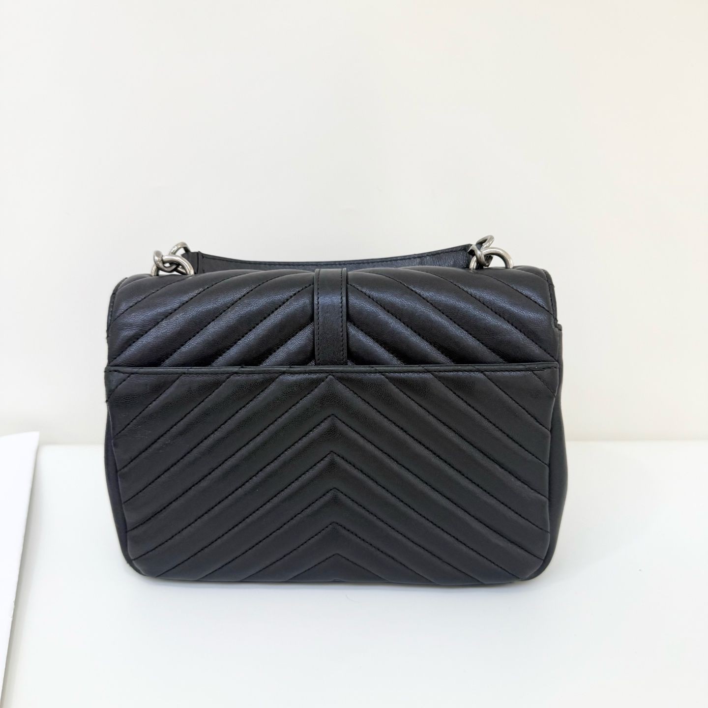 Saint Laurent College Medium Flap Bag Black Leather SHW Chain Crossbody Auth