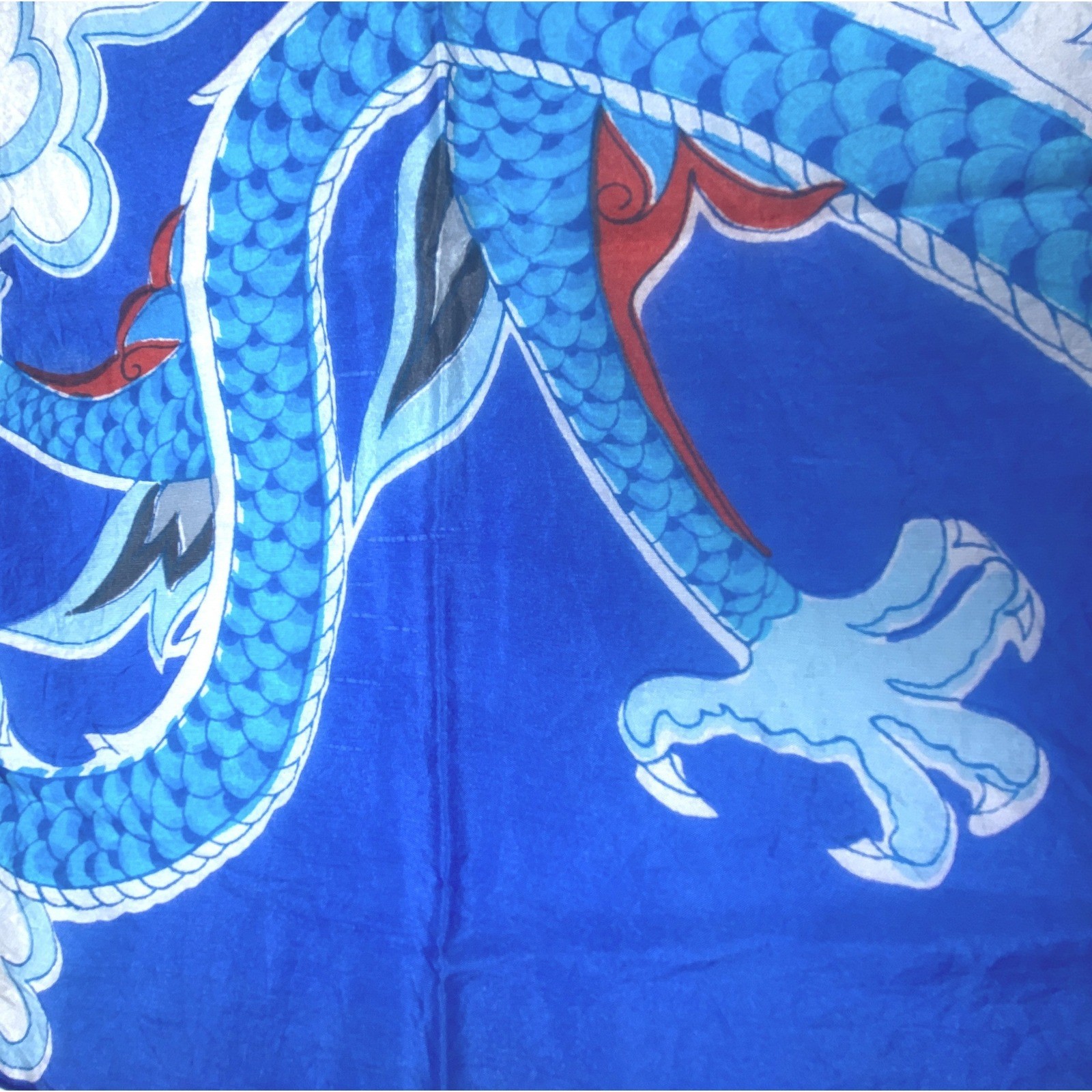 Vintage Chinese Blue Silk Dragon Square Scarf Flaming Pearl Cloud Print 27×27