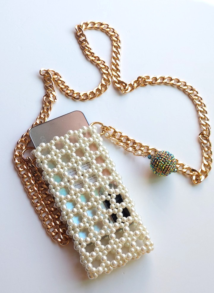 Handmade Pearl Beaded Cell Phone Bag with Gold Chain, Mobile Phone Bag Crossbody