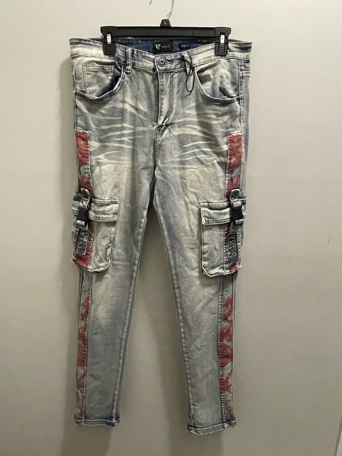 Waimea Skinny Fit Distressed Mens Blue Jeans SZ 34 Skinny Fit With Red Accent