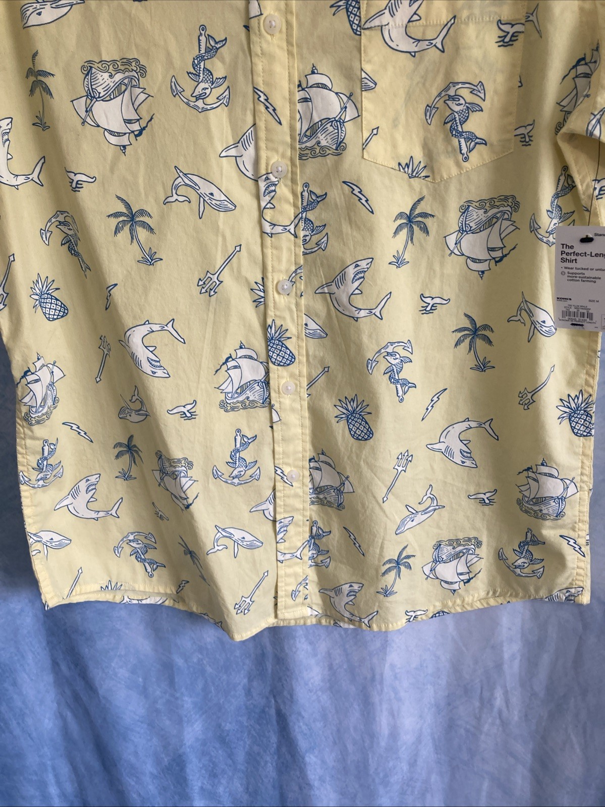 NWT Sonoma Goods For Life Men Medium Perfect Length Shirt Yellow Nautical Shark