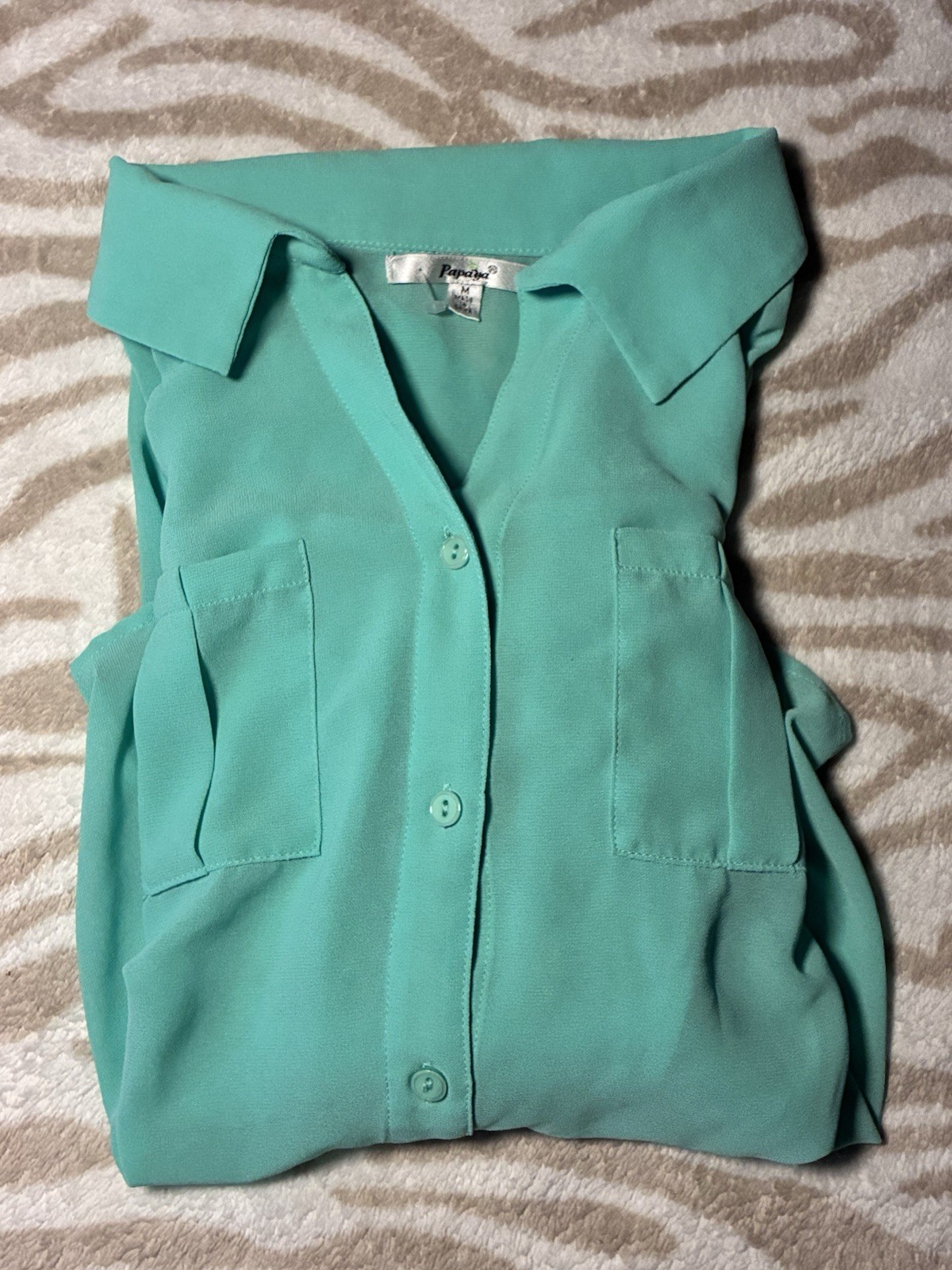 Papaya Sheer Solid Green Long Sleeve Button-Up Collared Blouse Pockets Women M