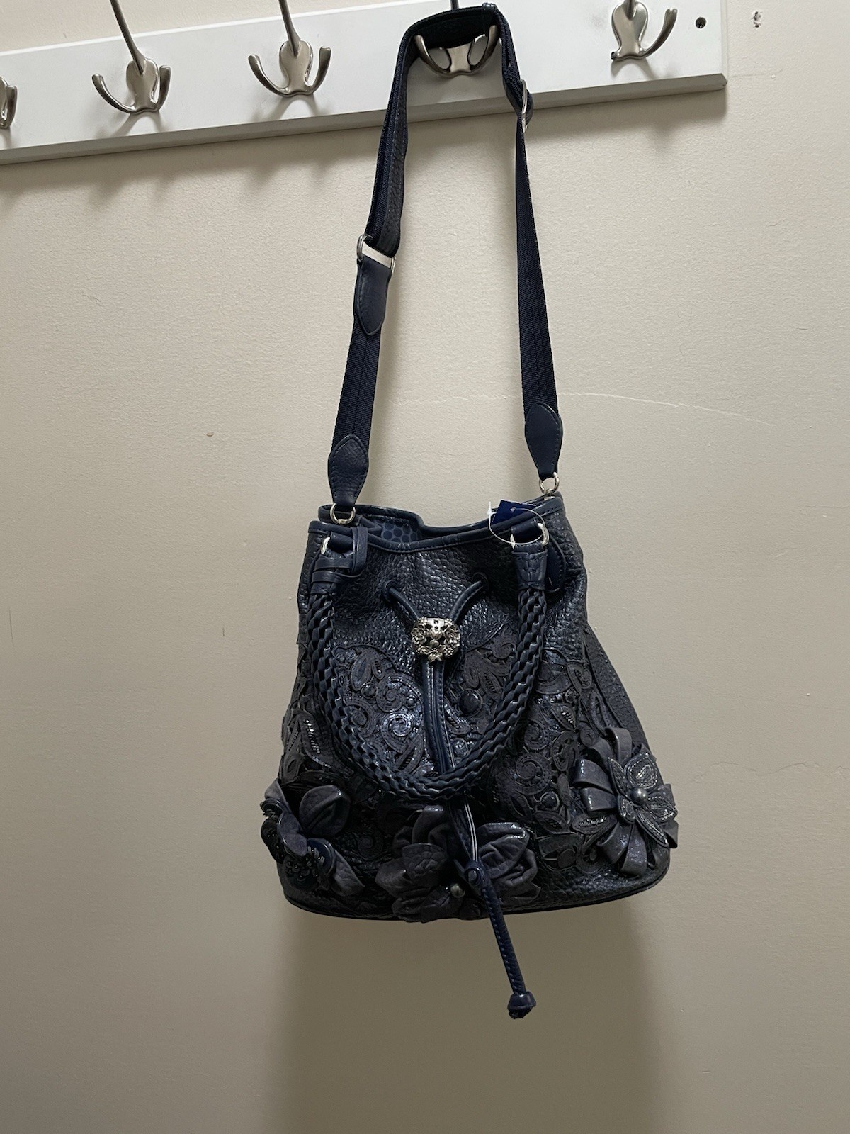 Brighton Blue Floral Beaded Applique Drawstring Bucket Shoulder Bag Strap