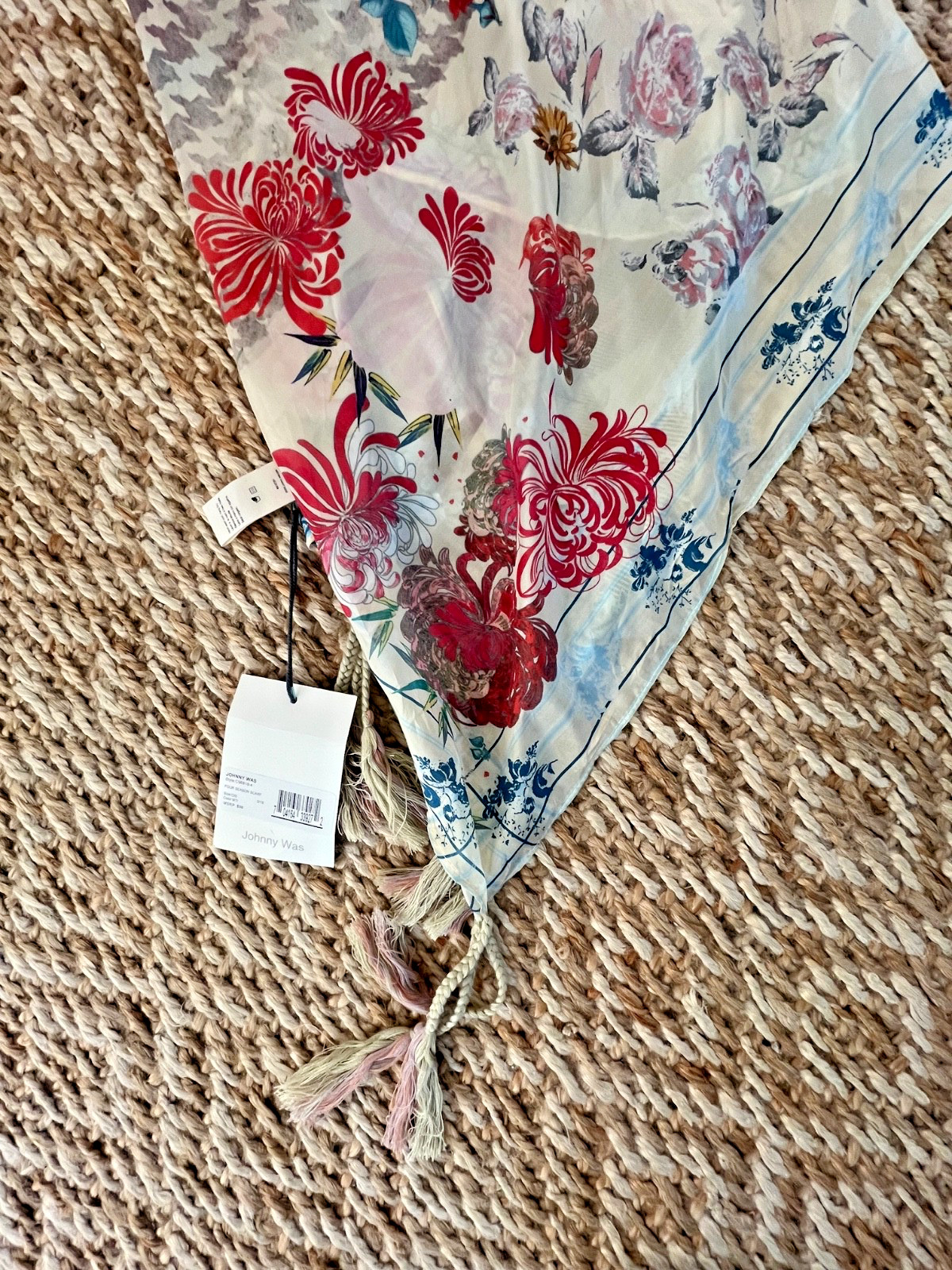 Johnny Was Silk Scarf with Tassels FOUR SEASONS New w Tags Floral Houndstooth