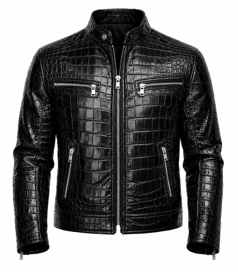 Men’s Genuine Leather Crocodile Pattern Jacket Black Cafe Racer Biker