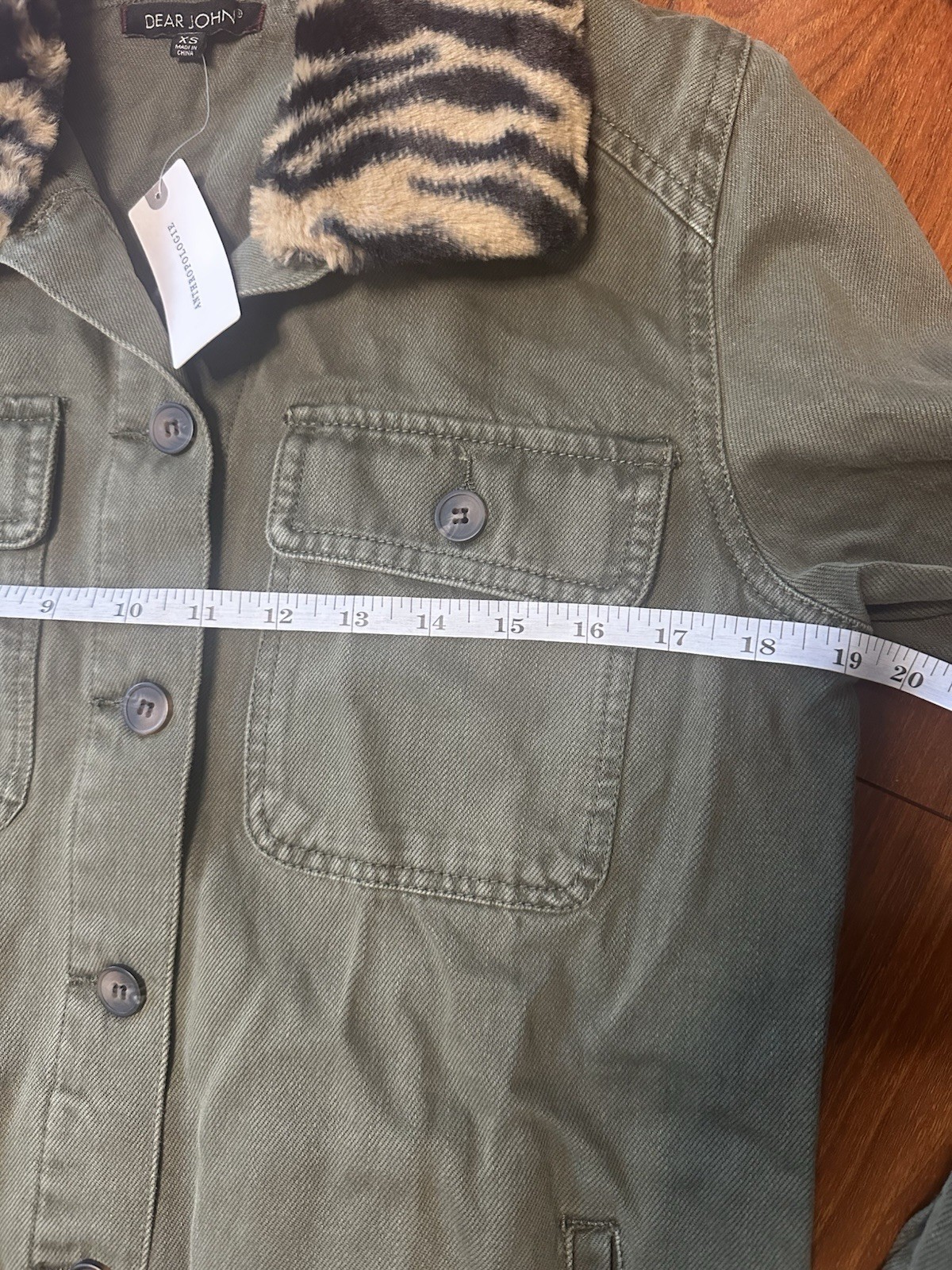 Dear John Olive Animal Print Collar Button Jacket XS Women, Pockets