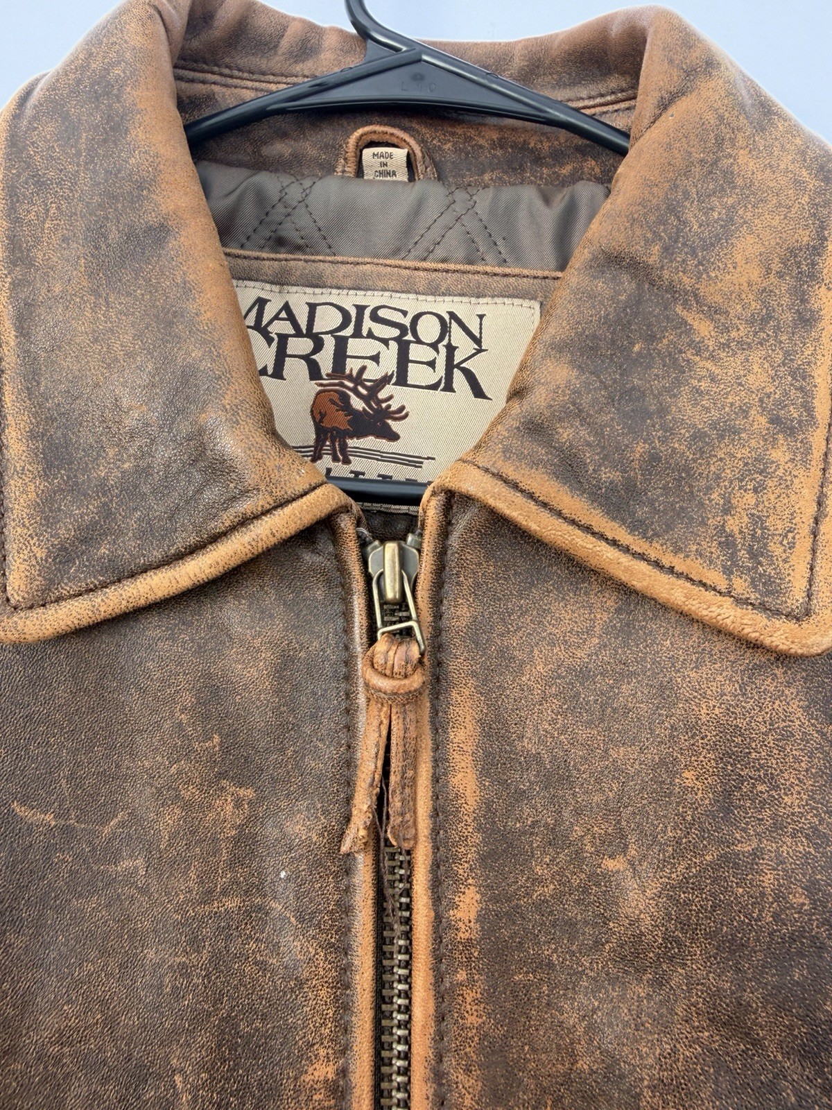 VINTAGE 90sMadison Creek Outfitters Men’s Distressed Brown Leather Bomber Jacket