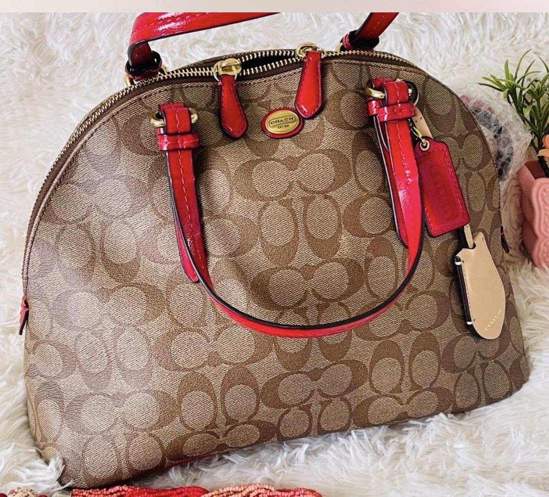 Coach Signature Dome payton Top Handle Bag Brown/Red, Zip Closure, Strap, Gold