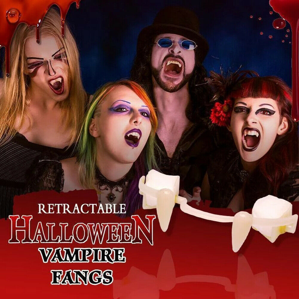 4×Retractable Vampire Teeth Fangs Halloween Cosplay Makeup Zombie Dentures Teeth