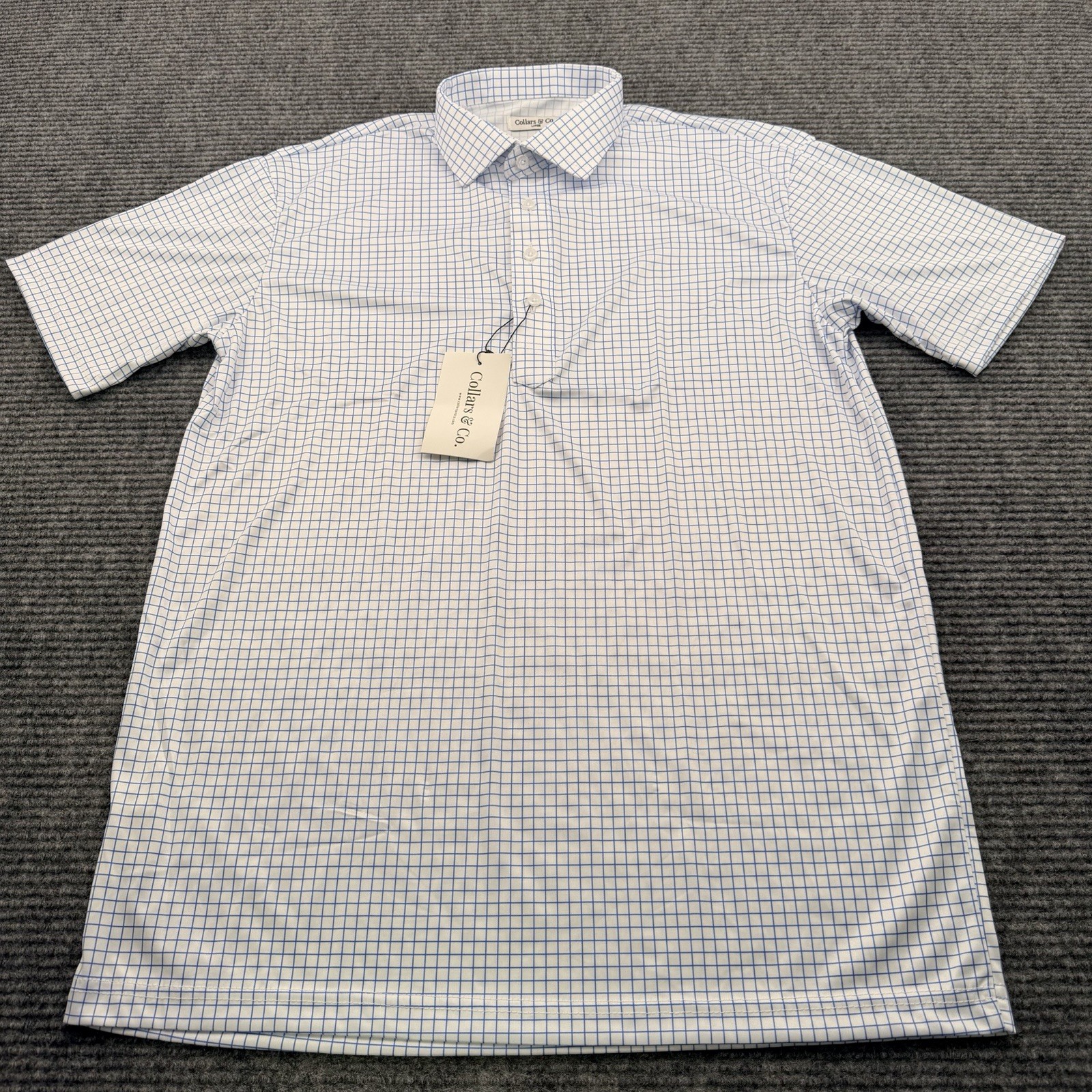 Collars and Co Button Up Polo Shirt Men’s Large Blue White Checkered Stretch NWT