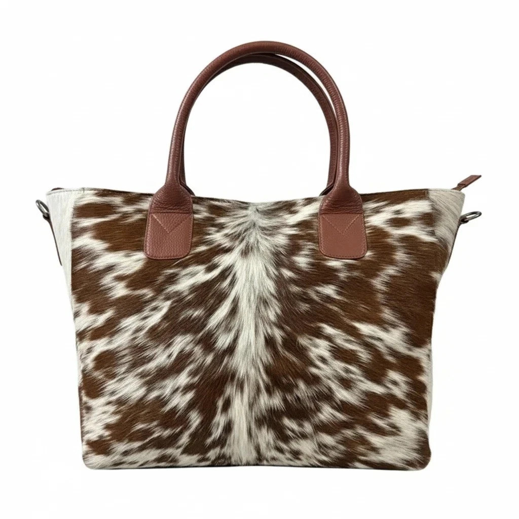 Genuine Cowhide Leather Tote Bag Brown White Hair On Hide Shoulder Handbag