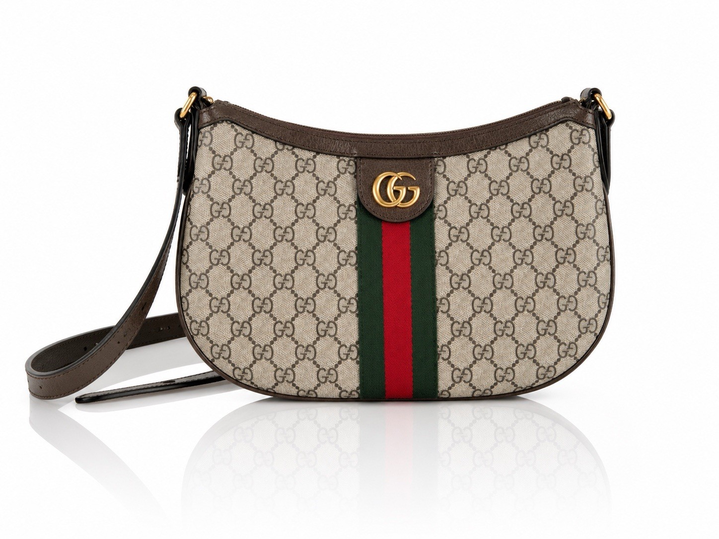 Gucci GG Supreme Monogram Web Small Ophidia Half Moon Hobo Brown With Box/Bags