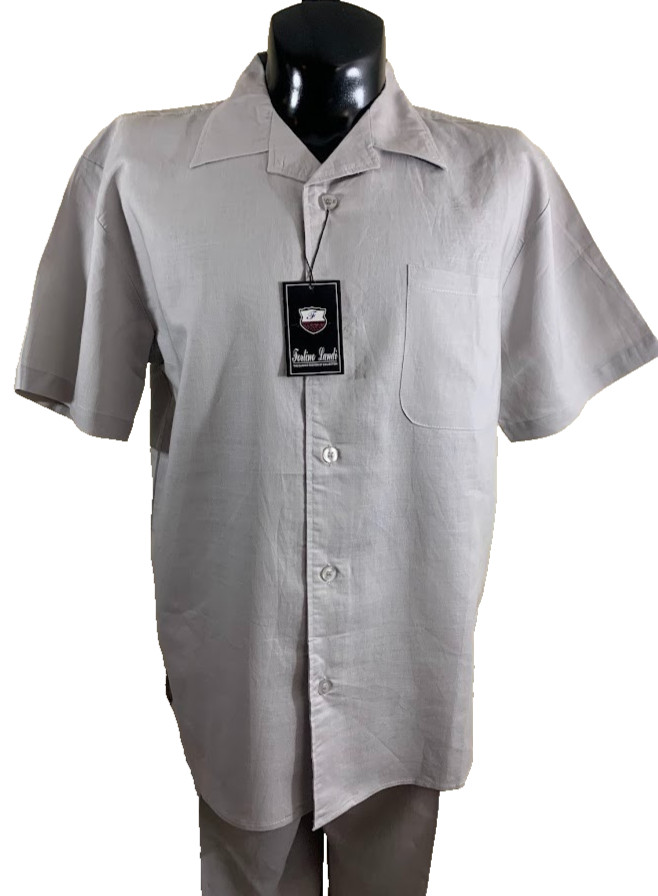 Fortino Landi Mens 2pc Walking Suit Linen Shirt Pleated Pants Set Large Gray 36