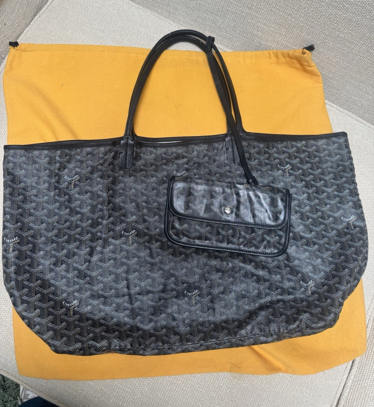GOYARD Large Tote Bag Chevron Gray/Black w/ Pouch, Snap Closure, Pockets