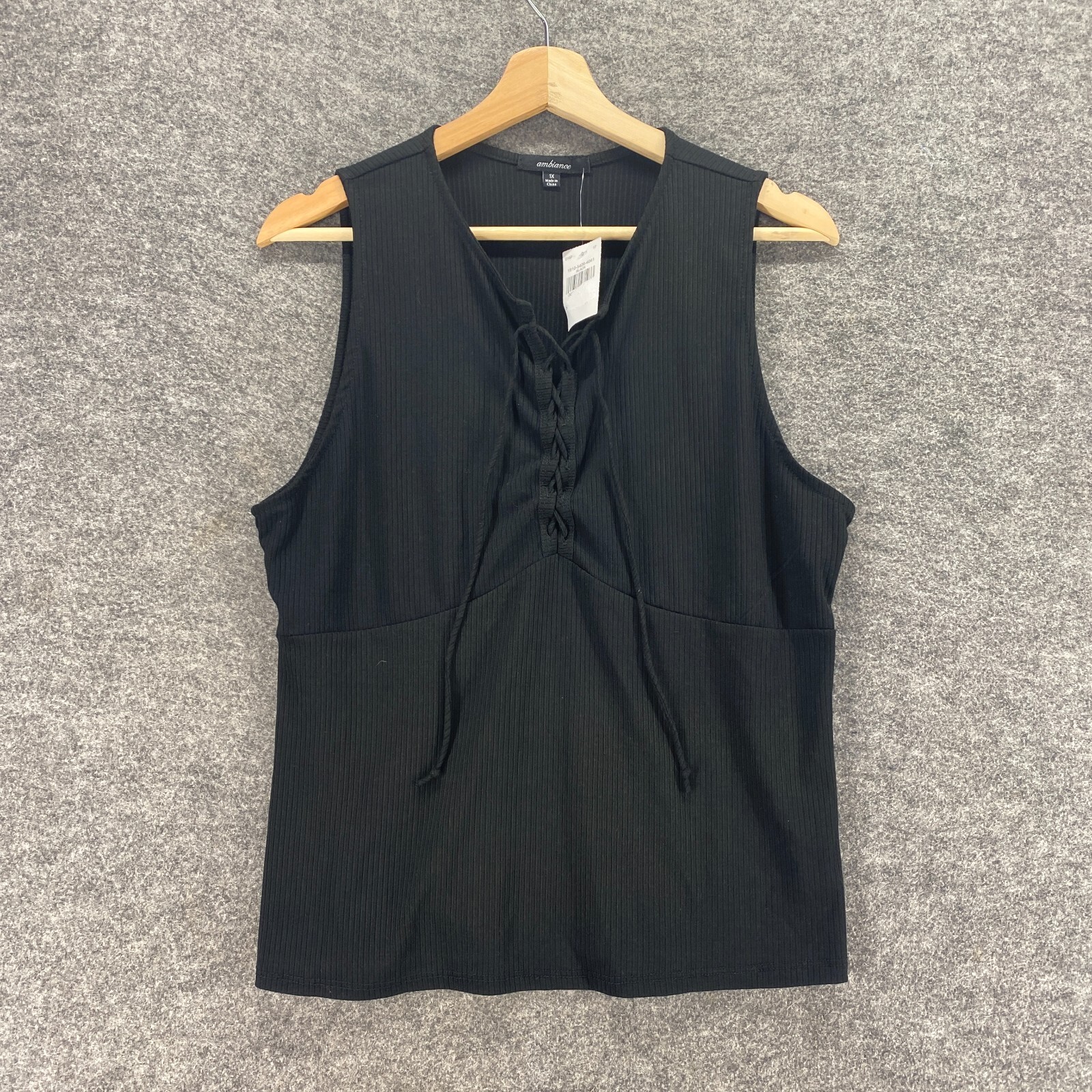 New Ambiance Top Women 1X Plus Black V-Neck Tasseled Sleeveless Wide Strap Blous