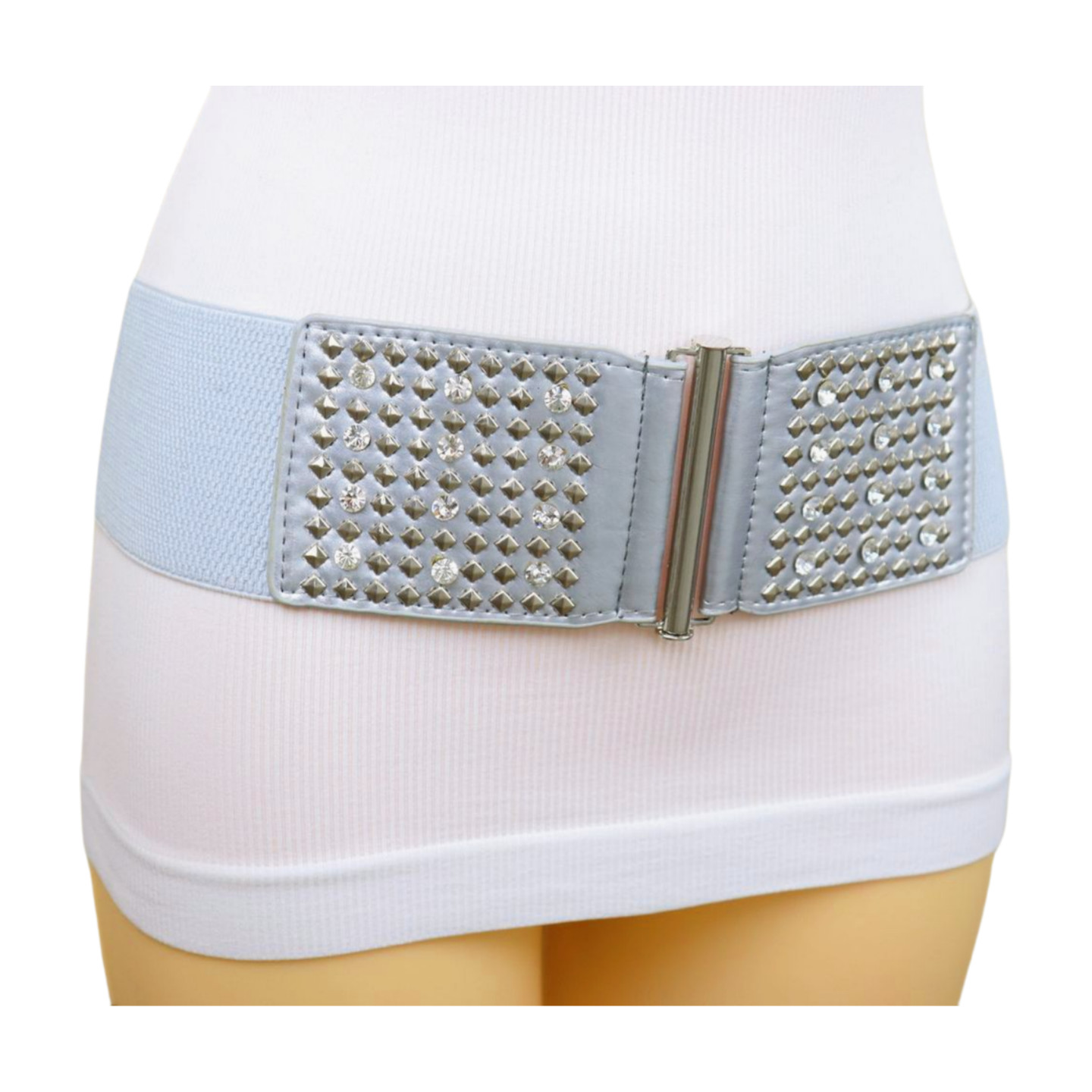 Women Silver Color Elastic Wide Waistband Holidays Fashion Belt Metal Studs S M