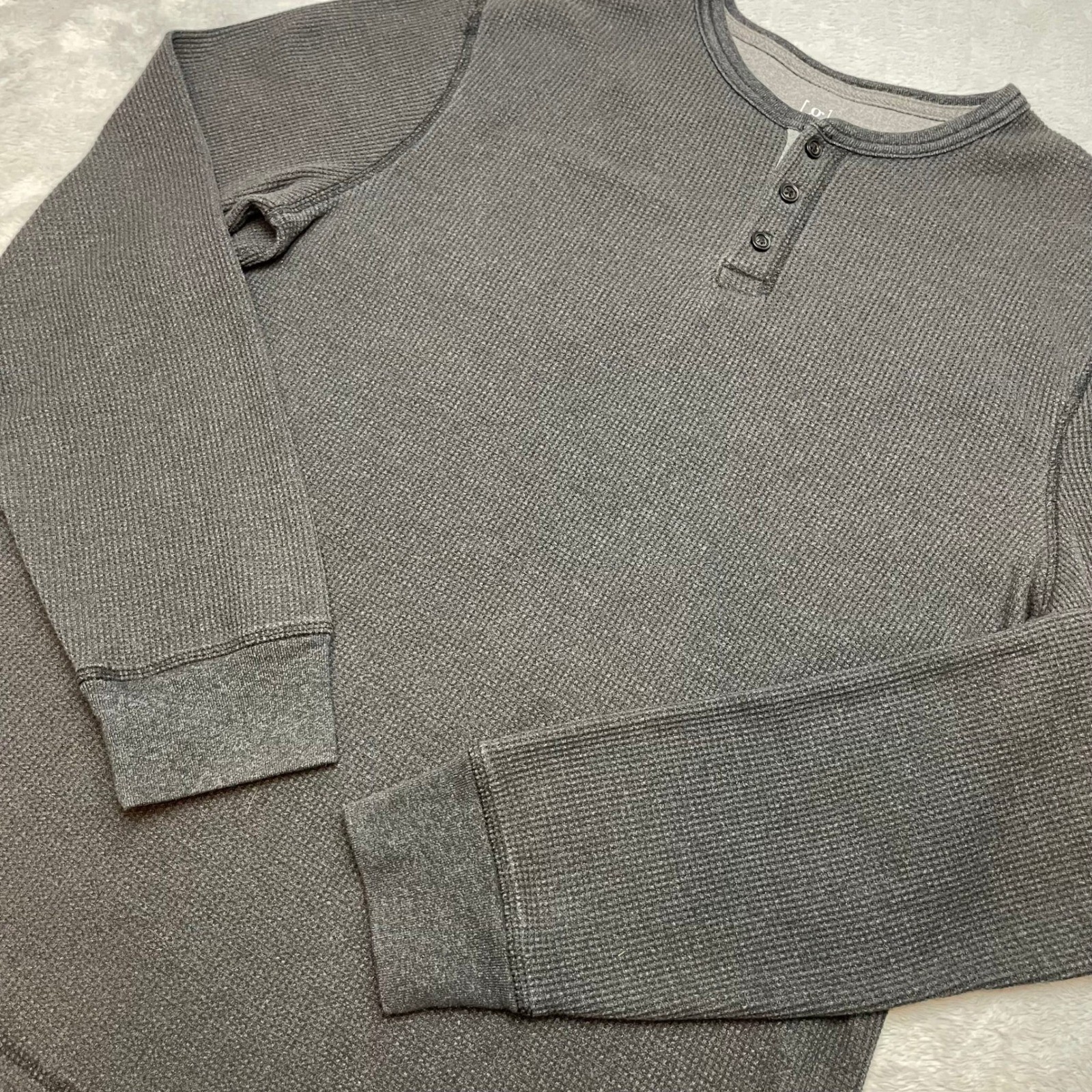 George Mens Waffle Knit Henley Thermal Shirt Size M Gray Long Sleeve Crewneck
