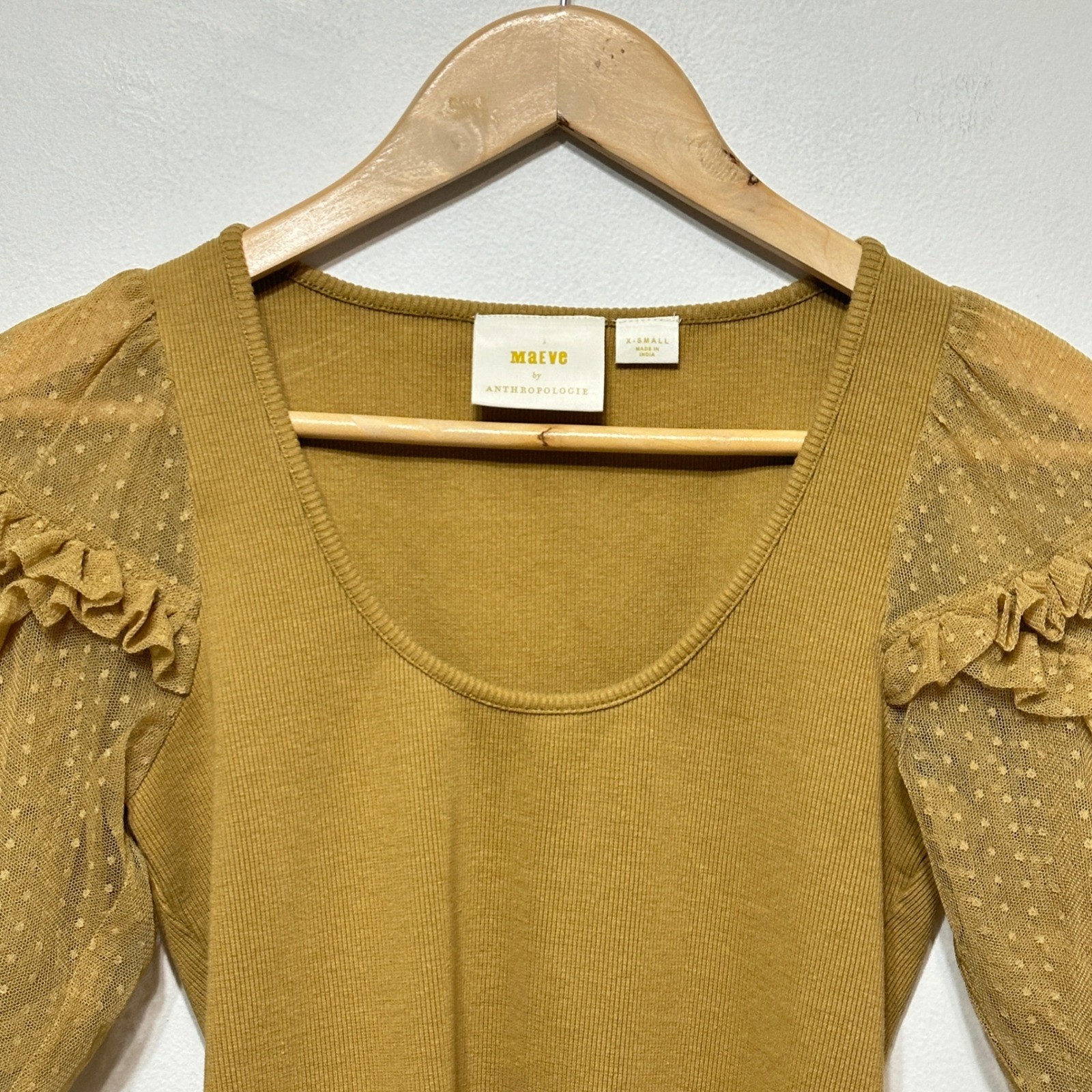 Maeve Anthropologie Mesh Puff Sleeve Top Size XS Ribbed Feminine Blouse Romantic