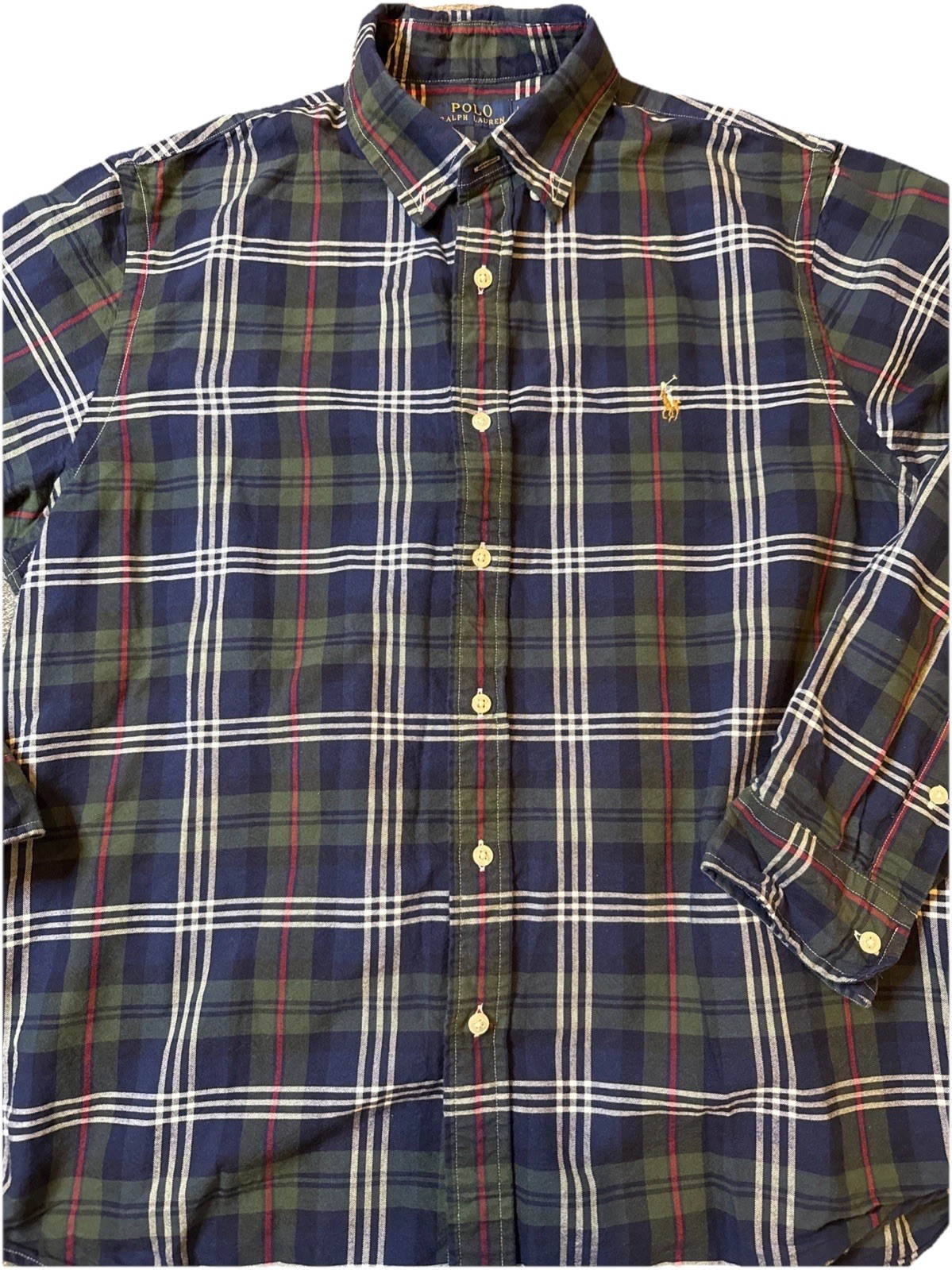 Ralph Lauren Shirt Men Large Blue Green Button Down Preppy Plaid Full Color Jock