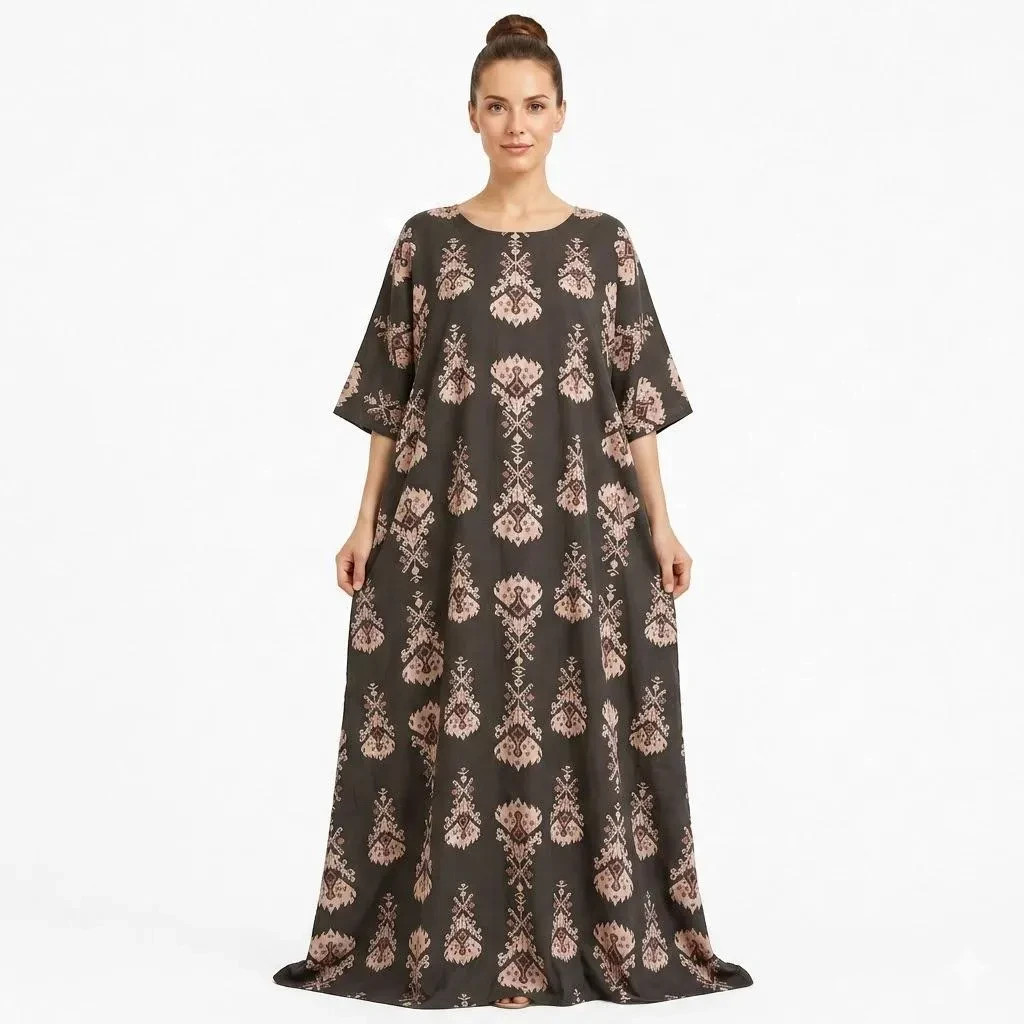 Pure Cotton Dabu Print Kaftan Dress – Handmade Rajasthan Maxi Kaftan