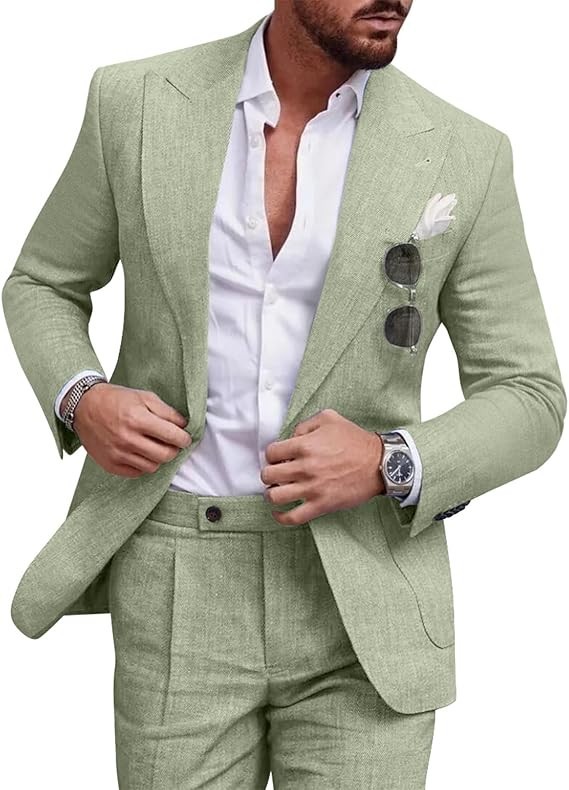 Linen Men’s Suit Set Casual Tuxedo 2 Piece Regular Fit Blazer One Button Jacket