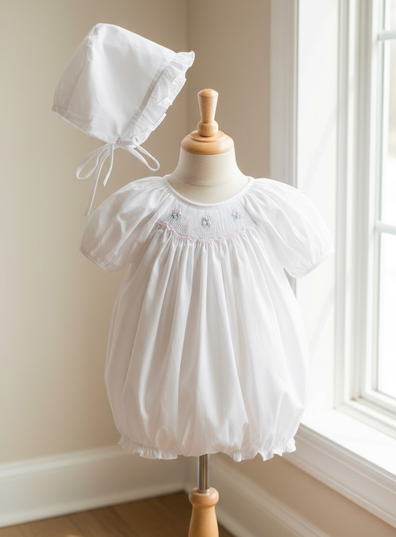 NWT Petit Ami White Smocked 2pc Bubble Romper Newborn Bonnet Baby Girls Bonnet
