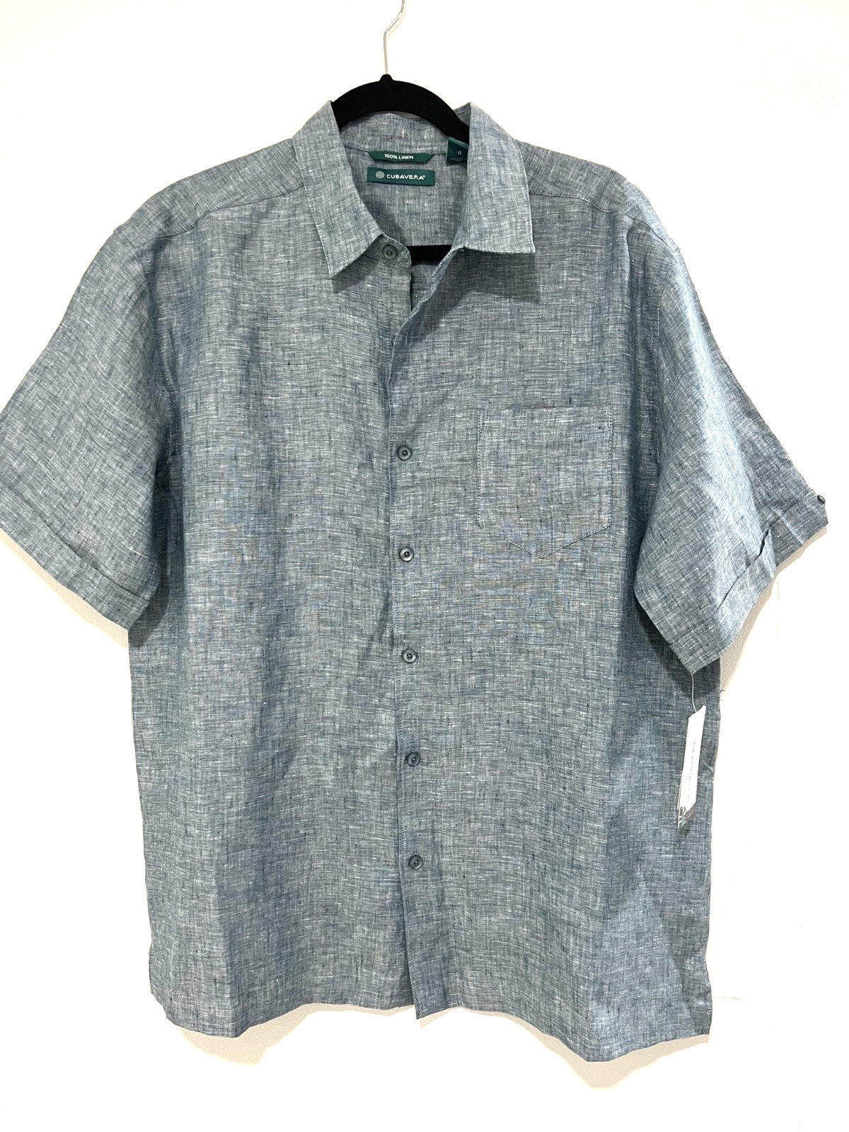NWT CUBAVERA LEGION BLUE DENIM LINEN SHORT SLEEVE BUTTON DOWN SHIRT L