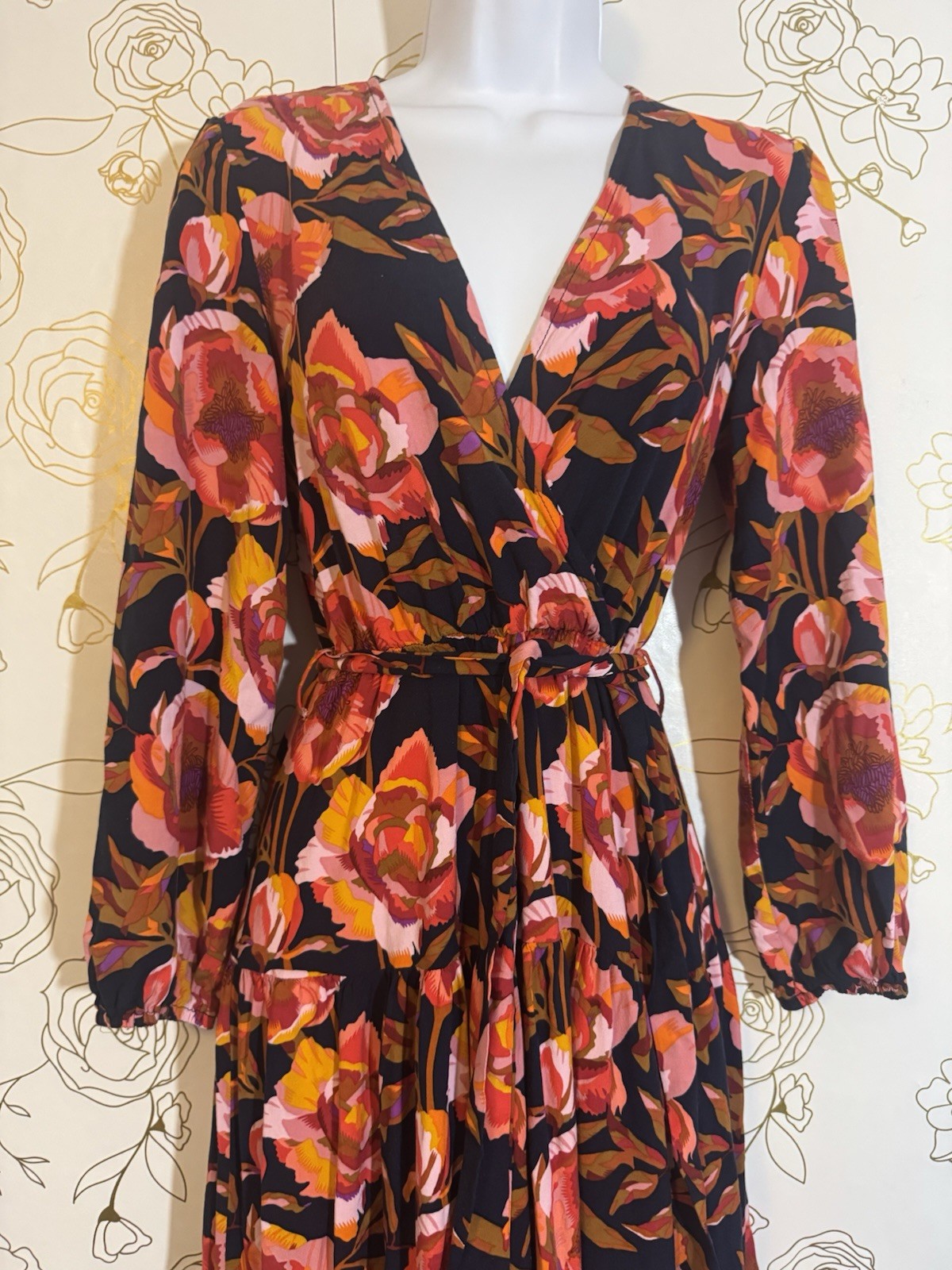Petal and Pup Dress small Floral Midi/Maxi Wrap Navy Orange Pink Puff Sleeve
