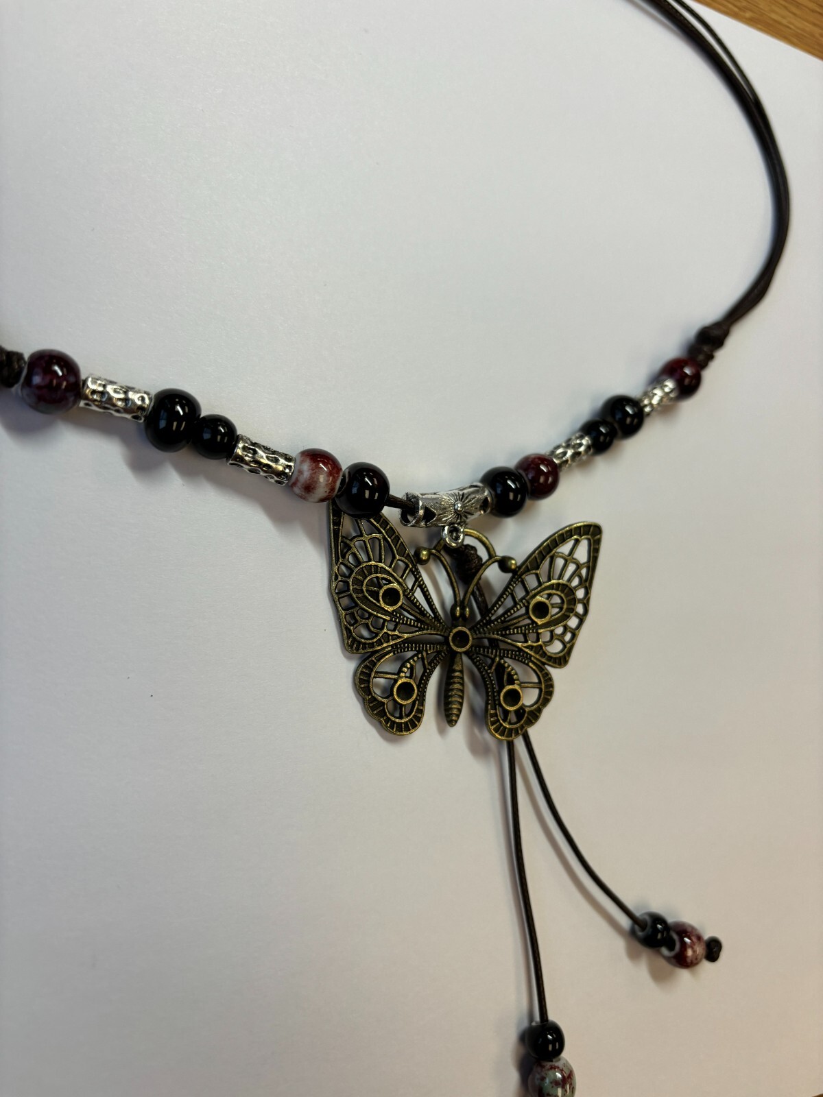 Black White Bead Silver Butterfly Pendant Charm Blessing Vintage Necklace