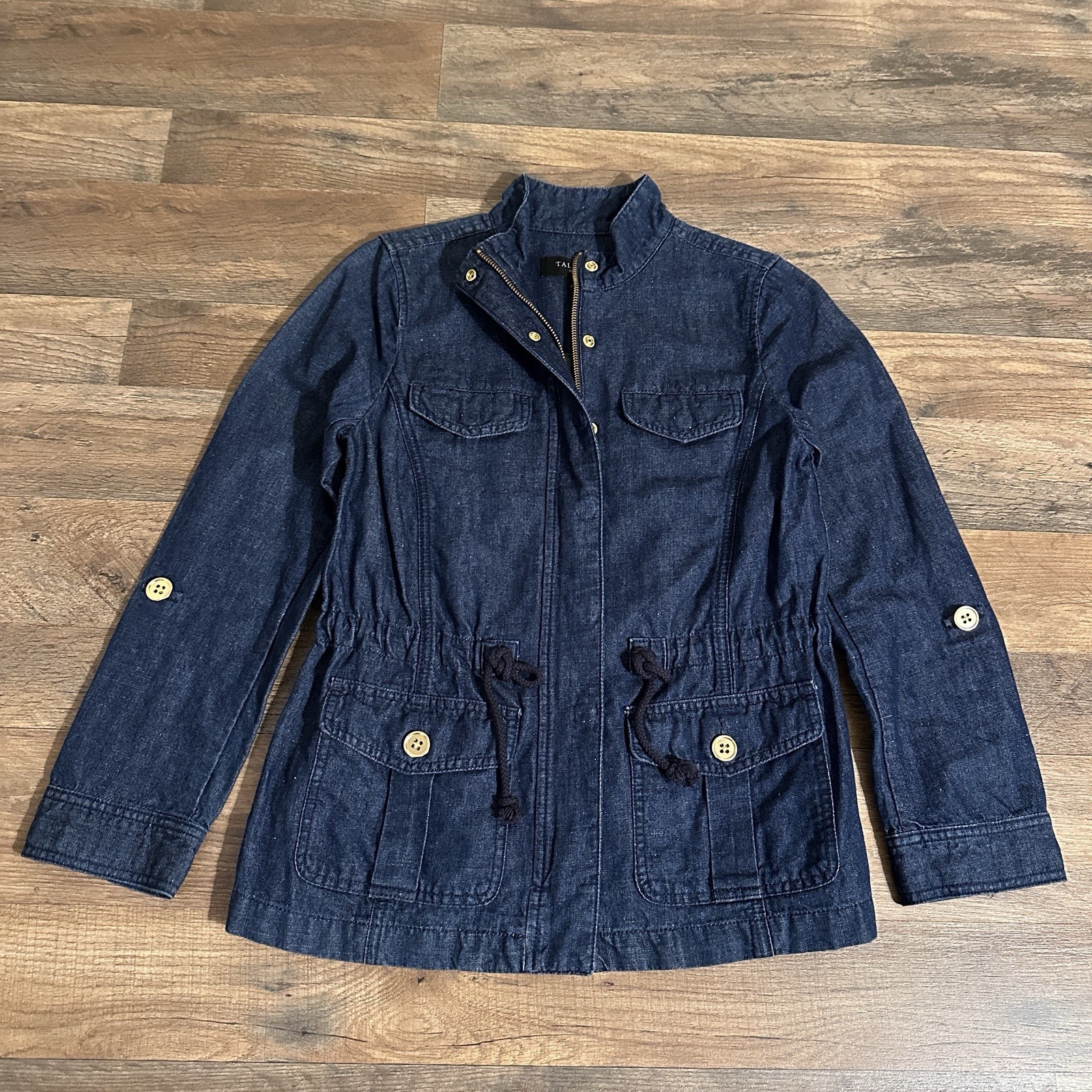 TALBOTS Safari Hemp Blend Zip Jacket Front Pocket Denim Wash Womens Petite Small