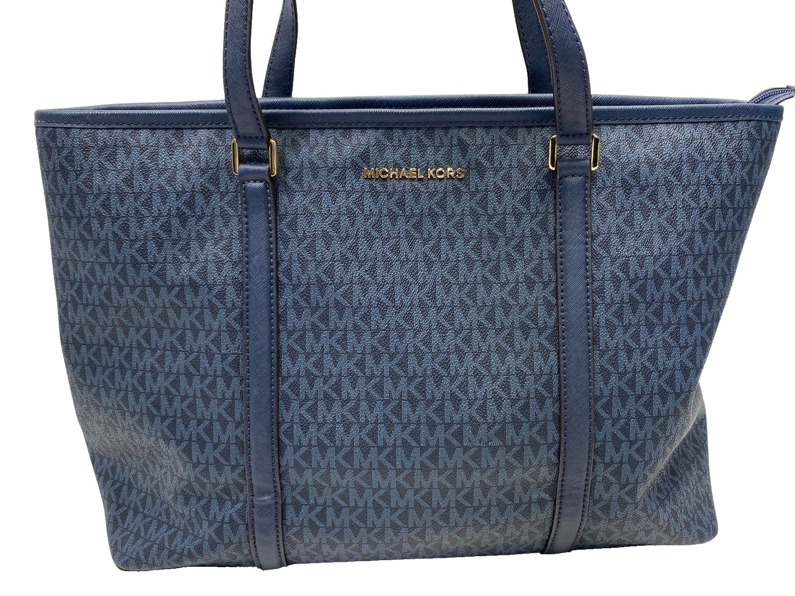 Michael Kors Blue Signature Coated Canvas/Leather Trim Zip Top Tote Bag