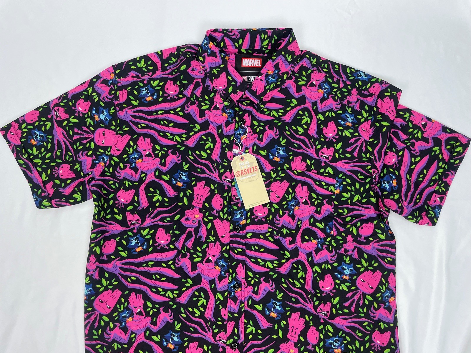 RSVLTS Men Marvel Guardians Galaxy Black Pink We Groot Short Sleeve Button Shirt
